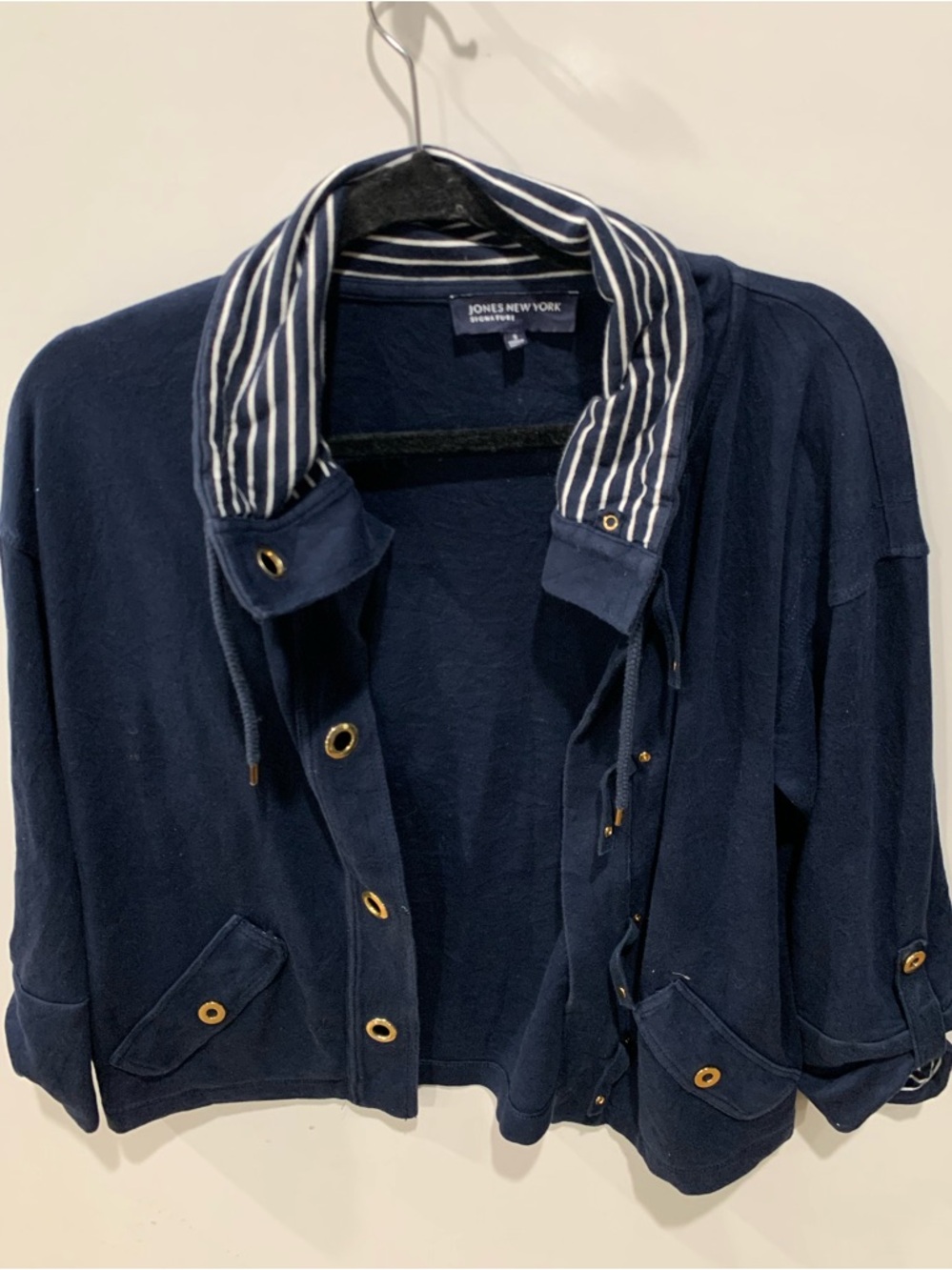 Jones New York Navy Striped-Collar Button Jacket size S